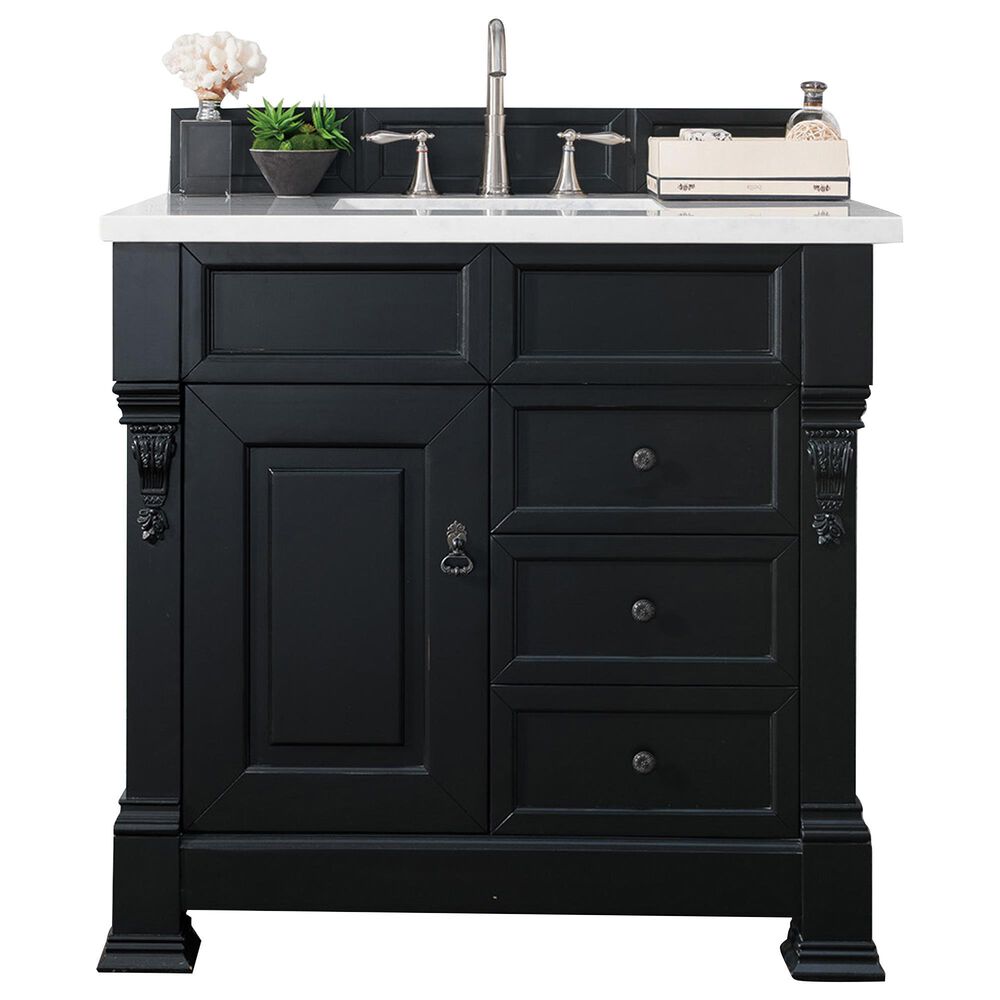 James Martin Brookfield 36" Single Bathroom Vanity in Antique Black with 3 cm Carrara White Marble Top and Rectangle Sink, , large