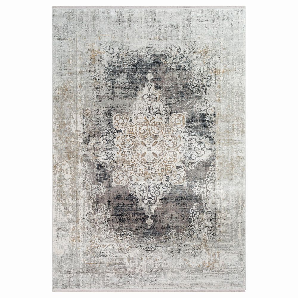 Surya Solar 5" x 7"6" Black, Charcoal, Saffron, White and Light Gray Area Rug, , large