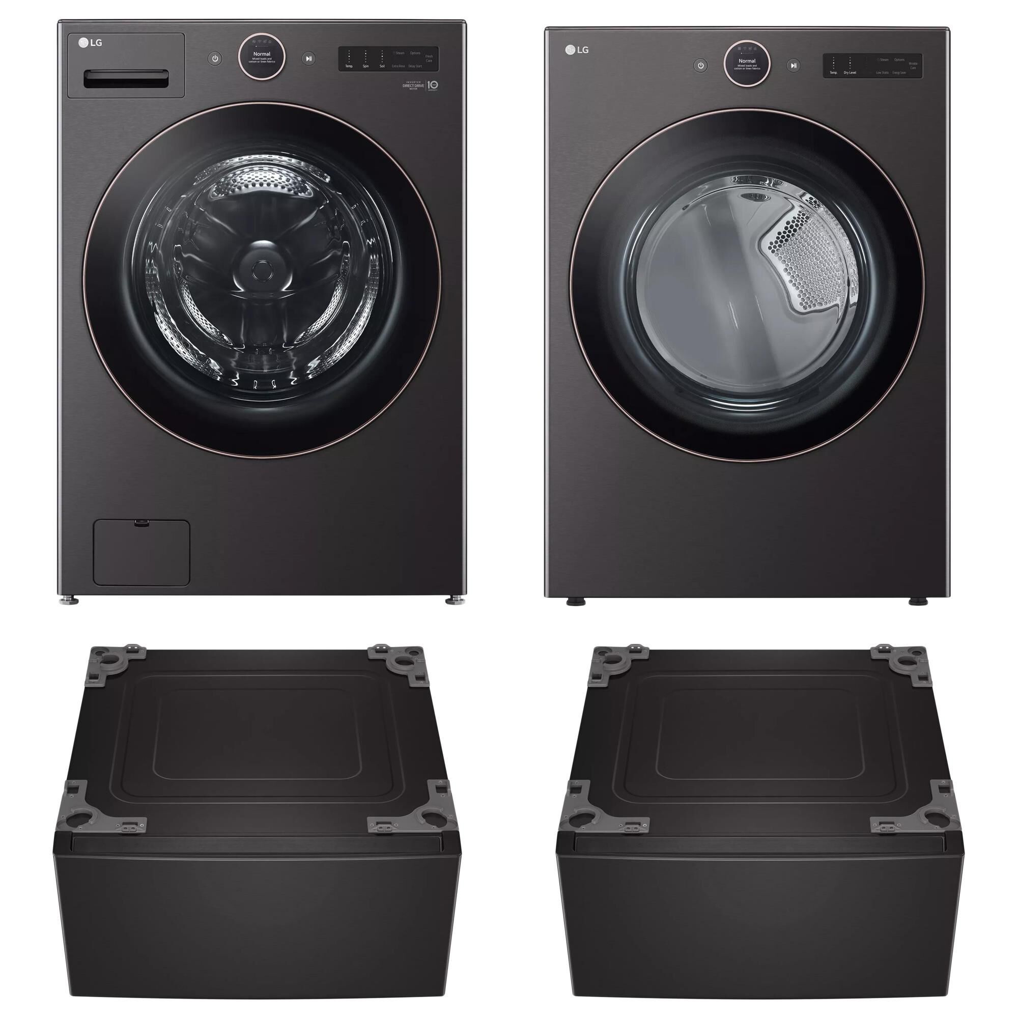 LG 5 Cu. Ft. Front Load Washer and 7.4 Cu.Ft. Gas Dryer Laundry Pair with Pedestal in Black Steel NFM