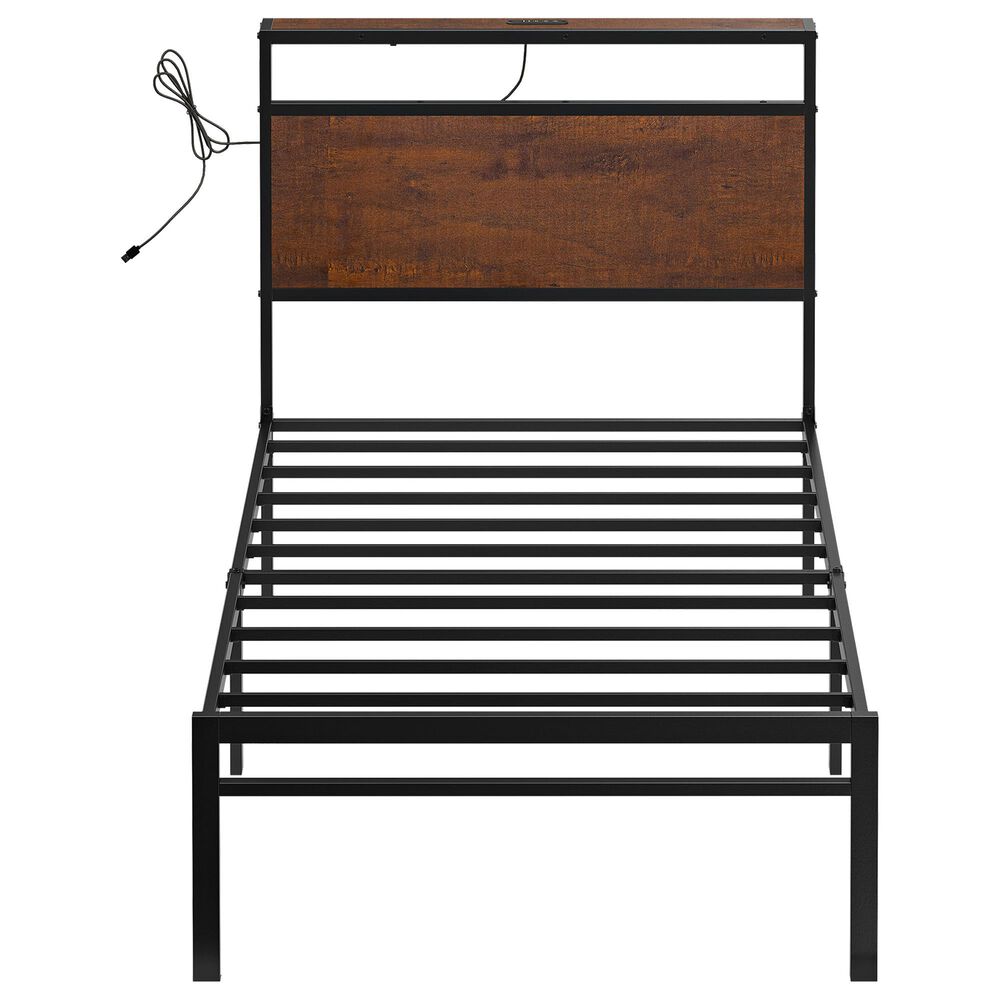 HOMLUX Industrial Twin Platform Bed with LED Headboard and Charging Station in Rustic Brown, , large