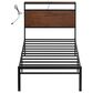 HOMLUX Industrial Twin Platform Bed with LED Headboard and Charging Station in Rustic Brown, , large