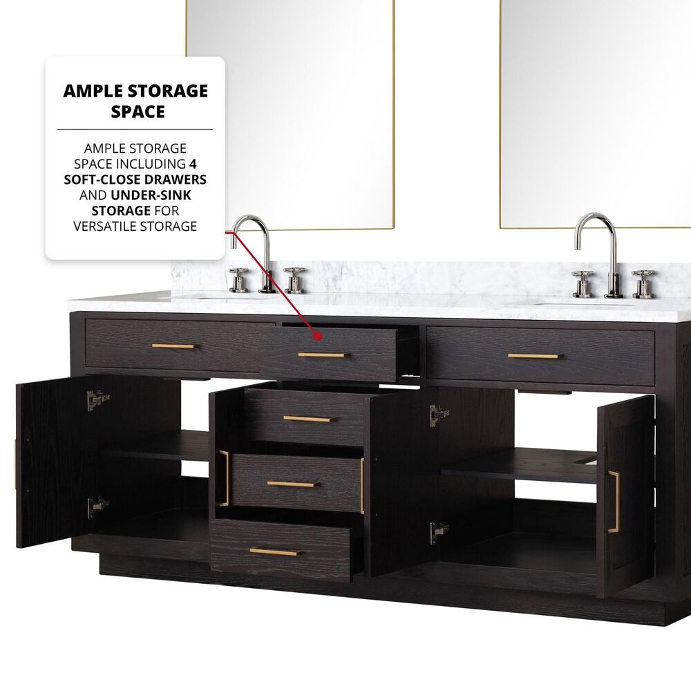 Lexora Home Abbey 80&quot; Double Bathroom Vanity in Black Oak with 2 cm White Carrara Marble Top and Rectangular Sinks, , large