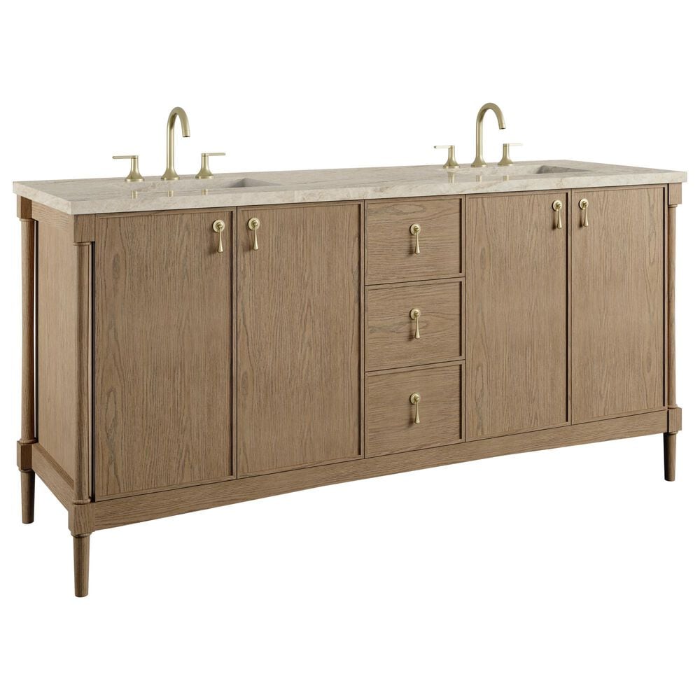 James Martin Kinnsden 72" Double Bathroom Vanity in Weathered Oak with 3 cm Tajnar Eclos Top and Rectangular Sinks, , large