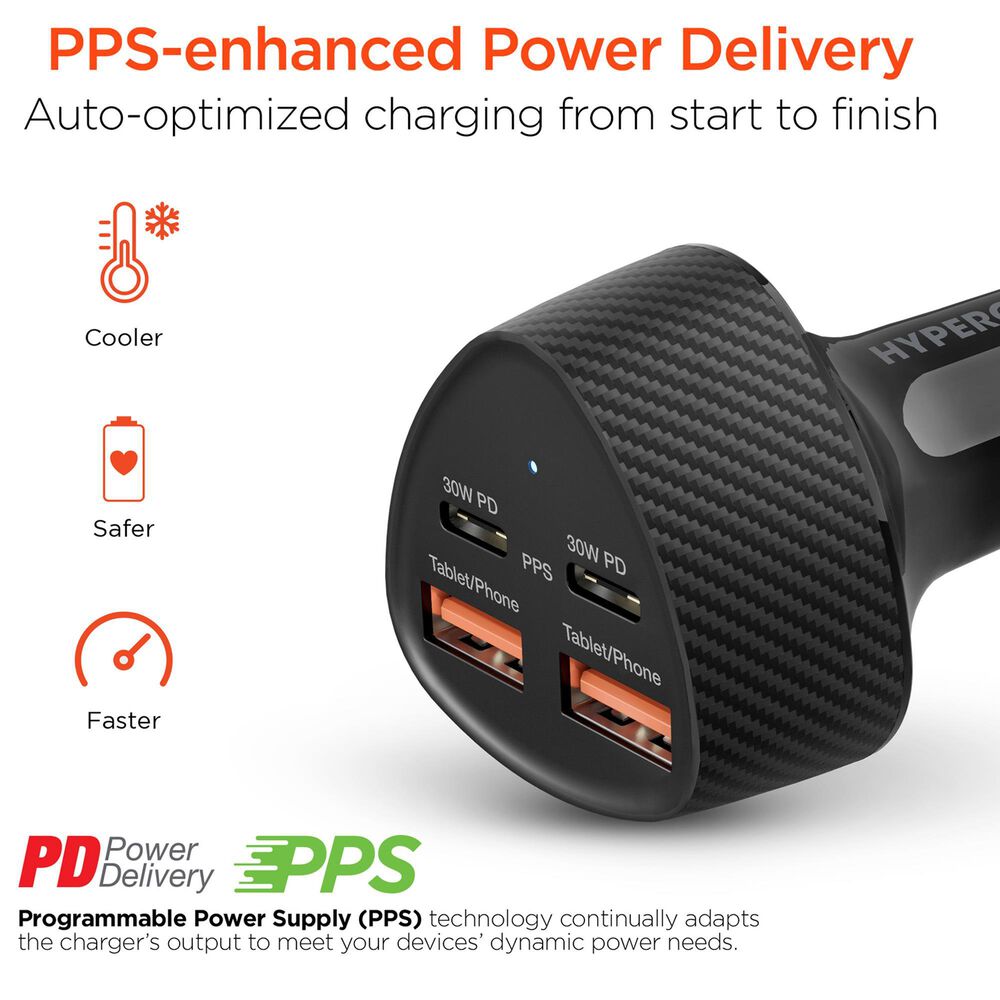 Hypercel SpeedBoost 77W Quad Port PD Car Charger in Black, , large