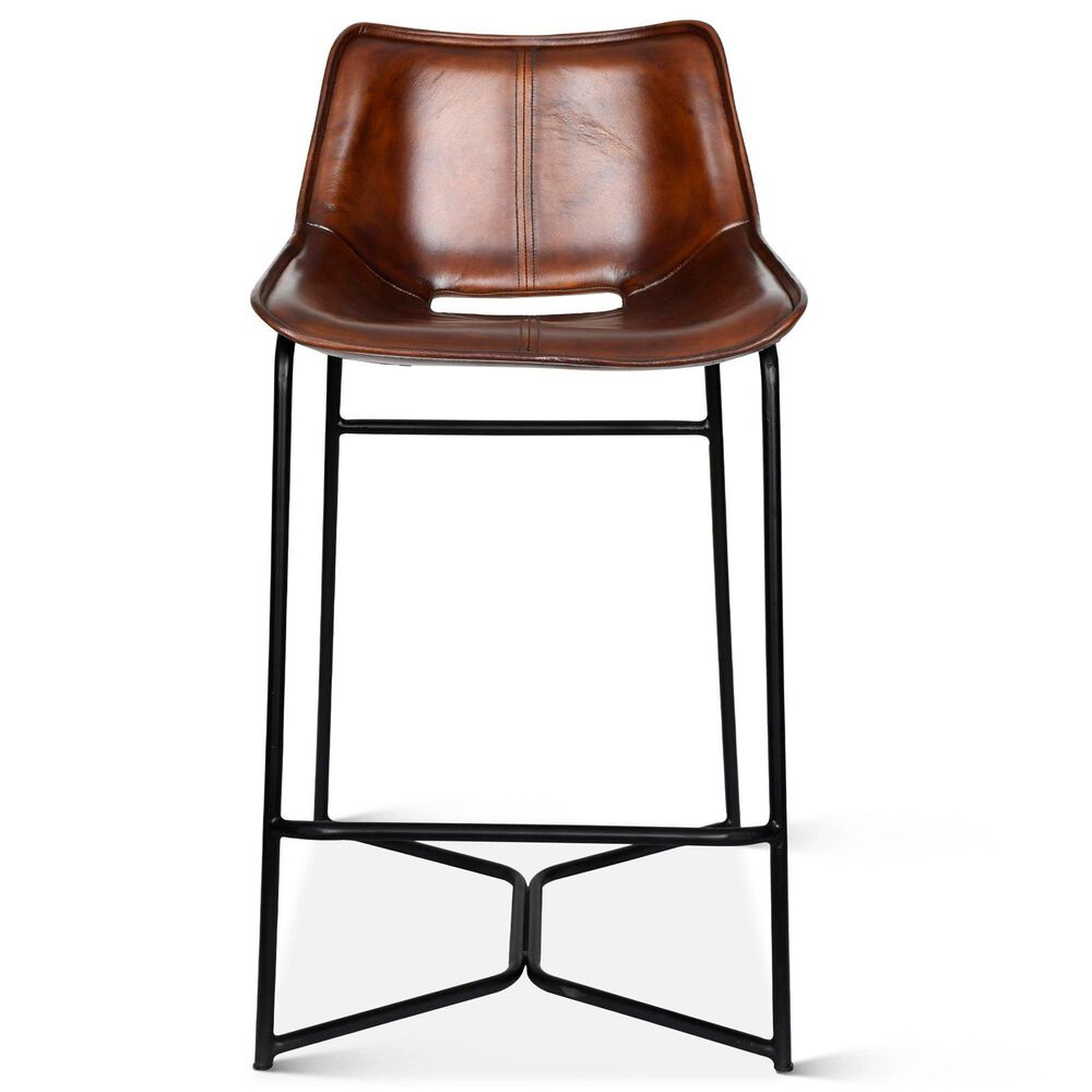 Home Trends &amp; Design Counter Stool with Chocolate Top Grain Leather Seat and Black Metal Frame, , large