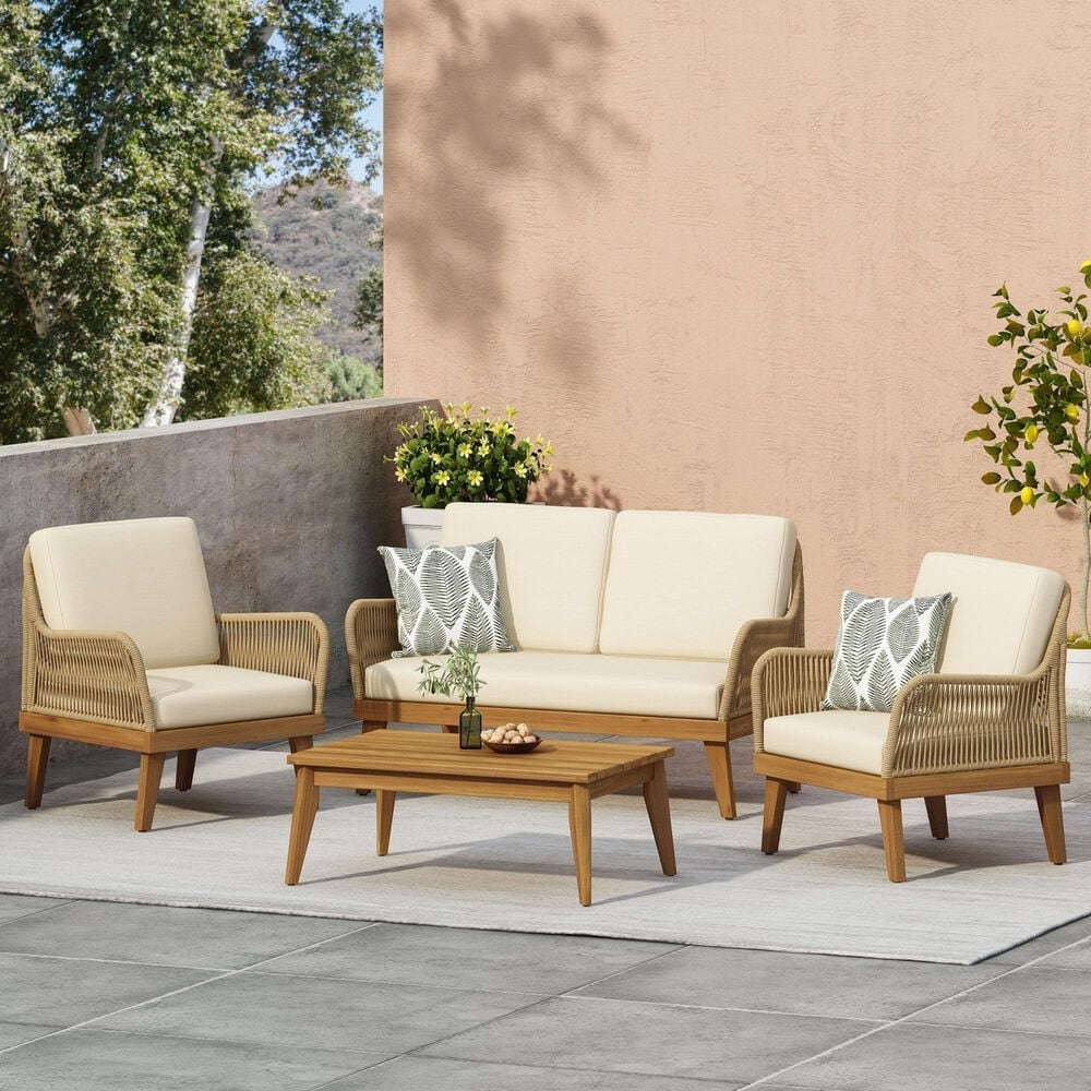 Hearth and Haven 4-Piece Outdoor Chat Set with Teak Coffee Table in Beige, , large