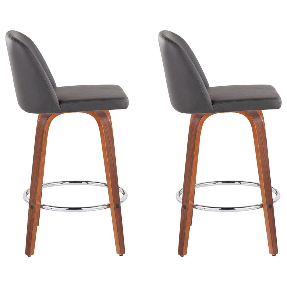 LumiSource Toriano Swivel Counter Stool with Grey Faux Leather Upholstery in Walnut and Chrome (Set of 2), , large
