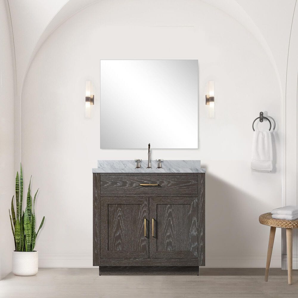 Lexora Home Abbey 36&quot; Single Bathroom Vanity in Brown Oak with 2 cm White Carrara Marble Top and Rectangular Sink, , large