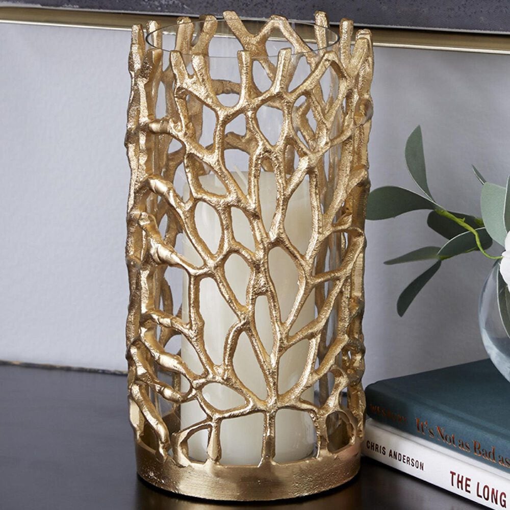 Maple and Jade 10&quot; Decorative Coral Indoor/Outdoor Candle Lantern in Satin Gold, , large