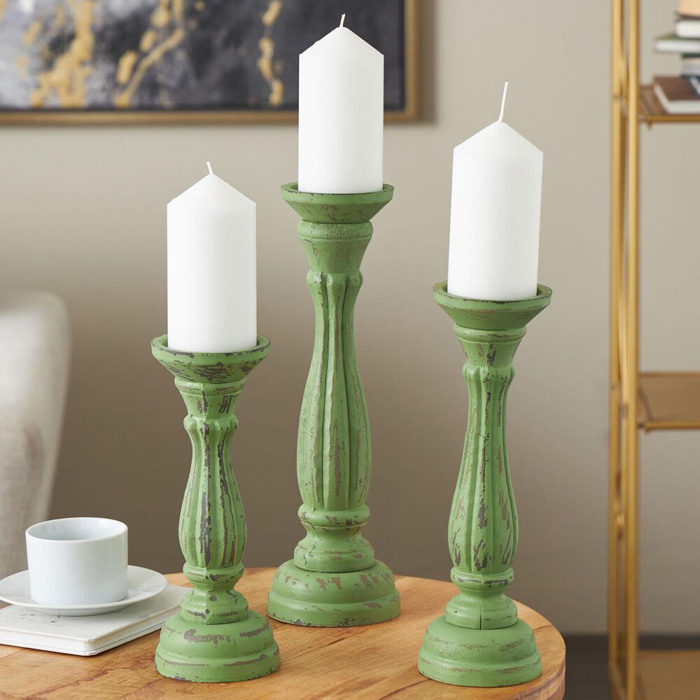 Maple and Jade Turned Pillar Decorative Candle Holder in Distressed Green and Brown &#40;Set of 3&#41;, , large