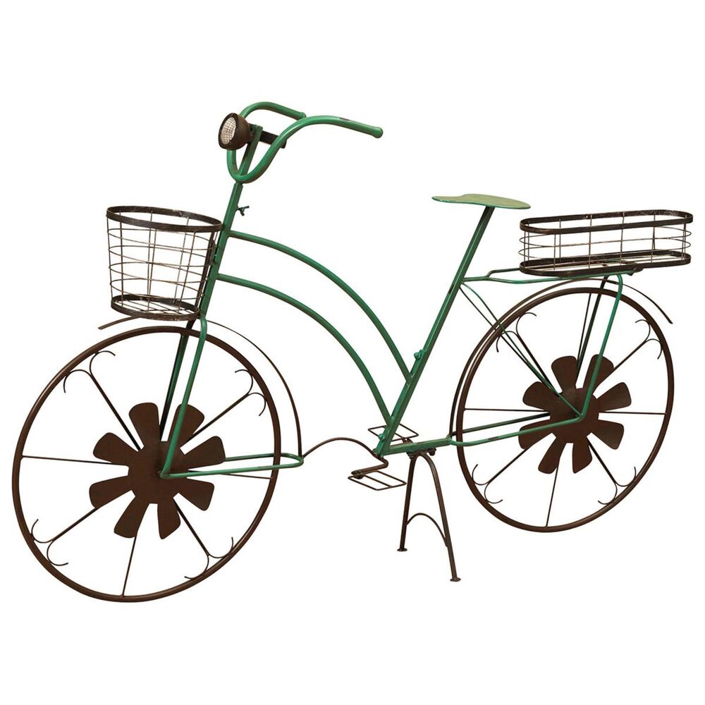 The Gerson Company 52.95" Solar Powered Metal Bicycle Planter in Green, , large