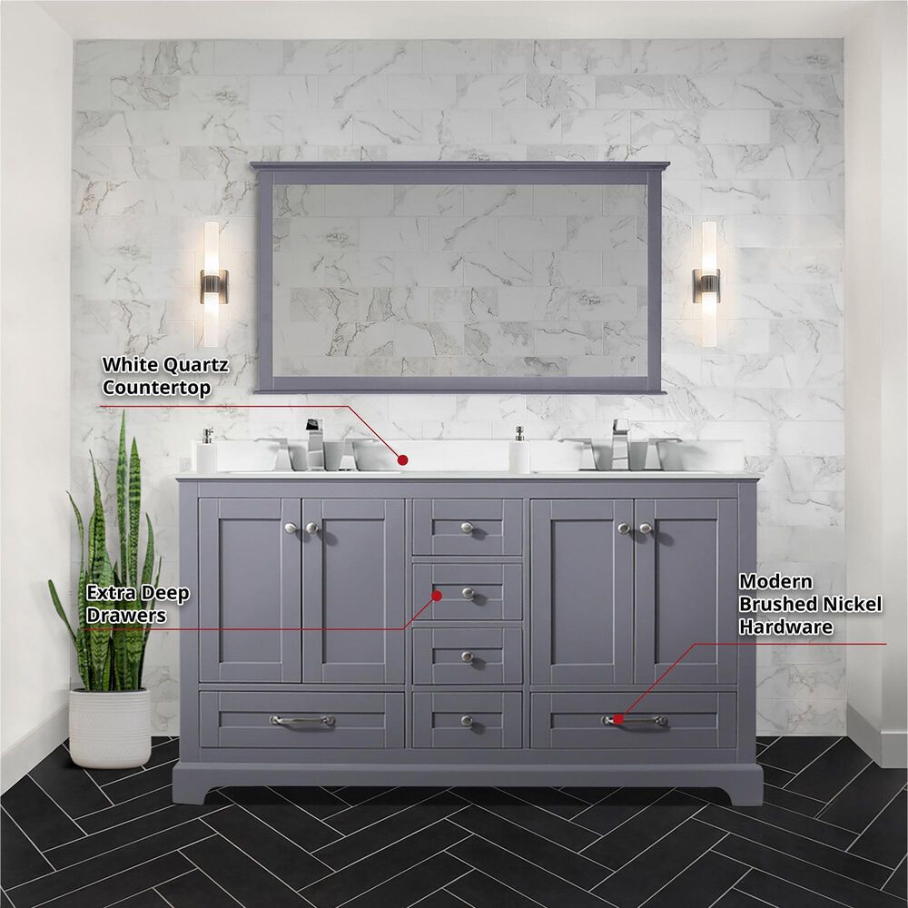 Lexora Home Dukes 60&quot; Double Bathroom Vanity in Dark Grey with White Quartz Top and Rectangular Sinks, , large