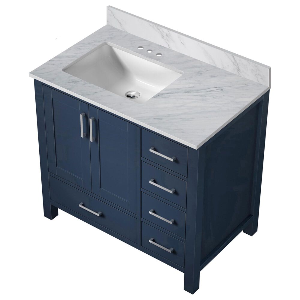 Lexora Home Jacques 36&quot; Left Offset Single Bathroom Vanity in Navy Blue with 2 cm White Carrara Marble Top and Rectangular Sink, , large