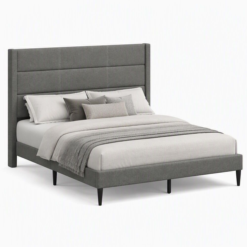 Glideaway Pax Queen Upholstered Platform Wingback Bed in Stone Mist, , large