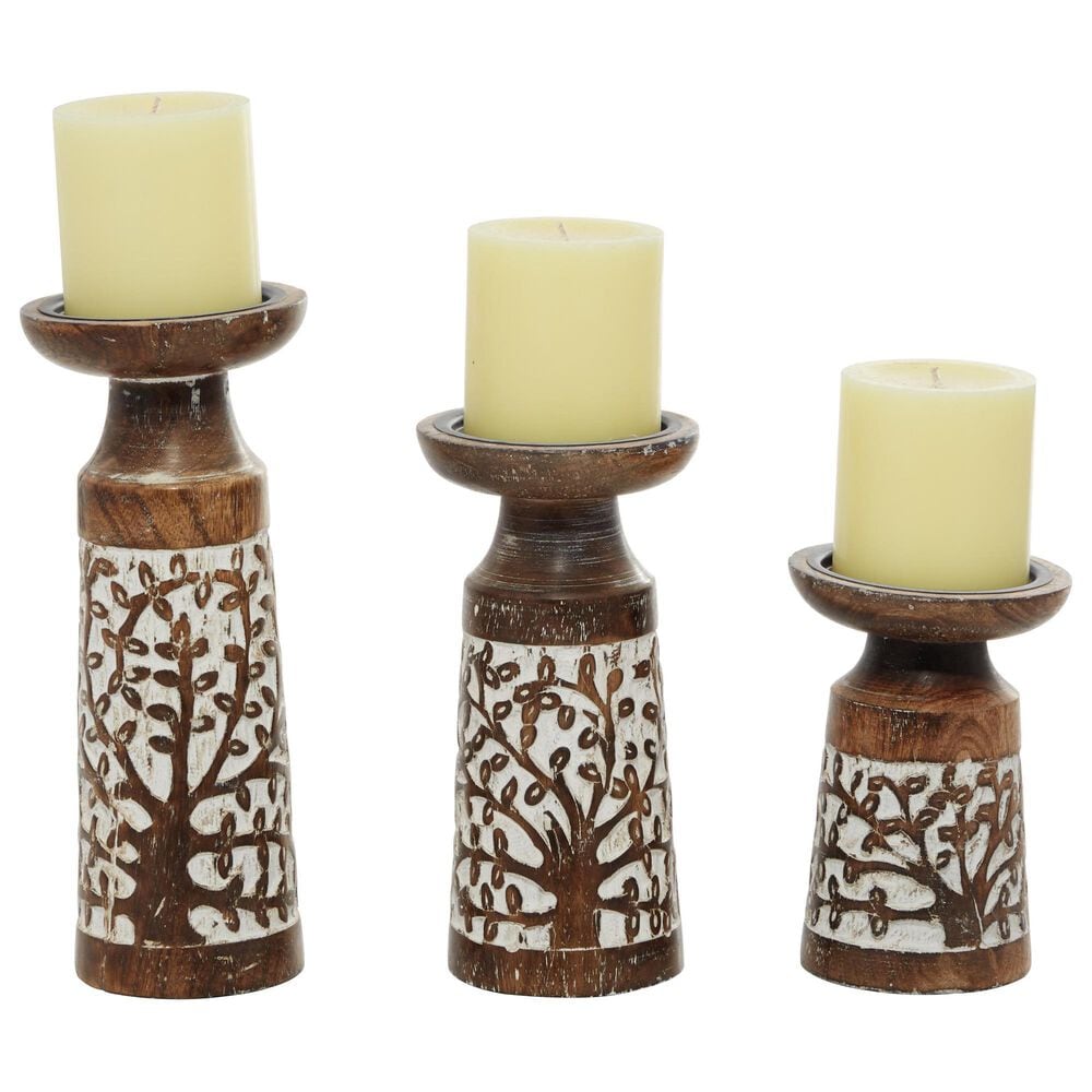 Maple and Jade Handmade Tree Candle Holder in Brown and Whitewashed &#40;Set of 3&#41;, , large