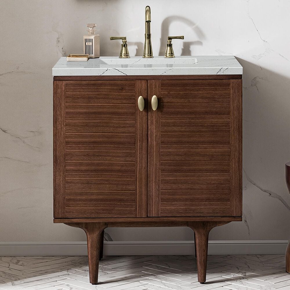 James Martin Vanities Amberly 30&quot; Single Bathroom Vanity in Walnut with 3 cm Ethereal Noctis Quartz Top and Rectangular Sink, , large