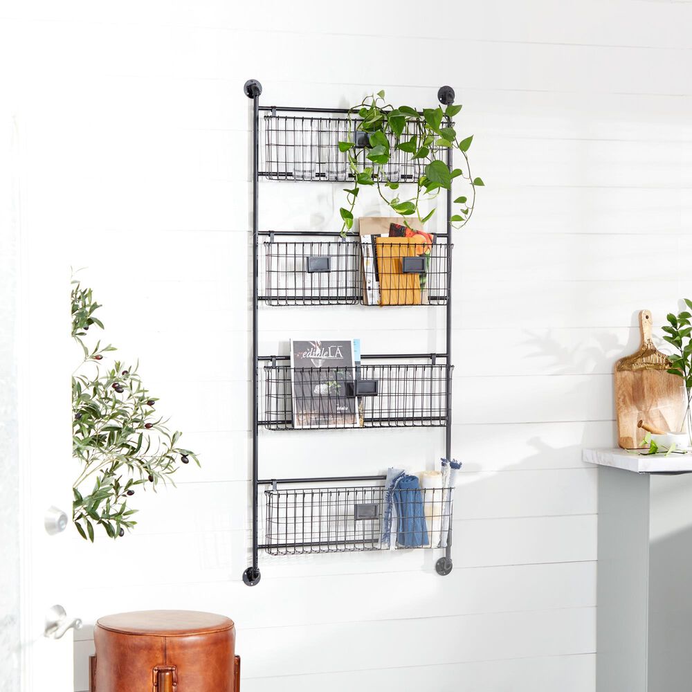 Maple and Jade 5-Slot Decorative Magazine Rack Holder with Suspended Baskets and Label Slot in Matte Black, , large