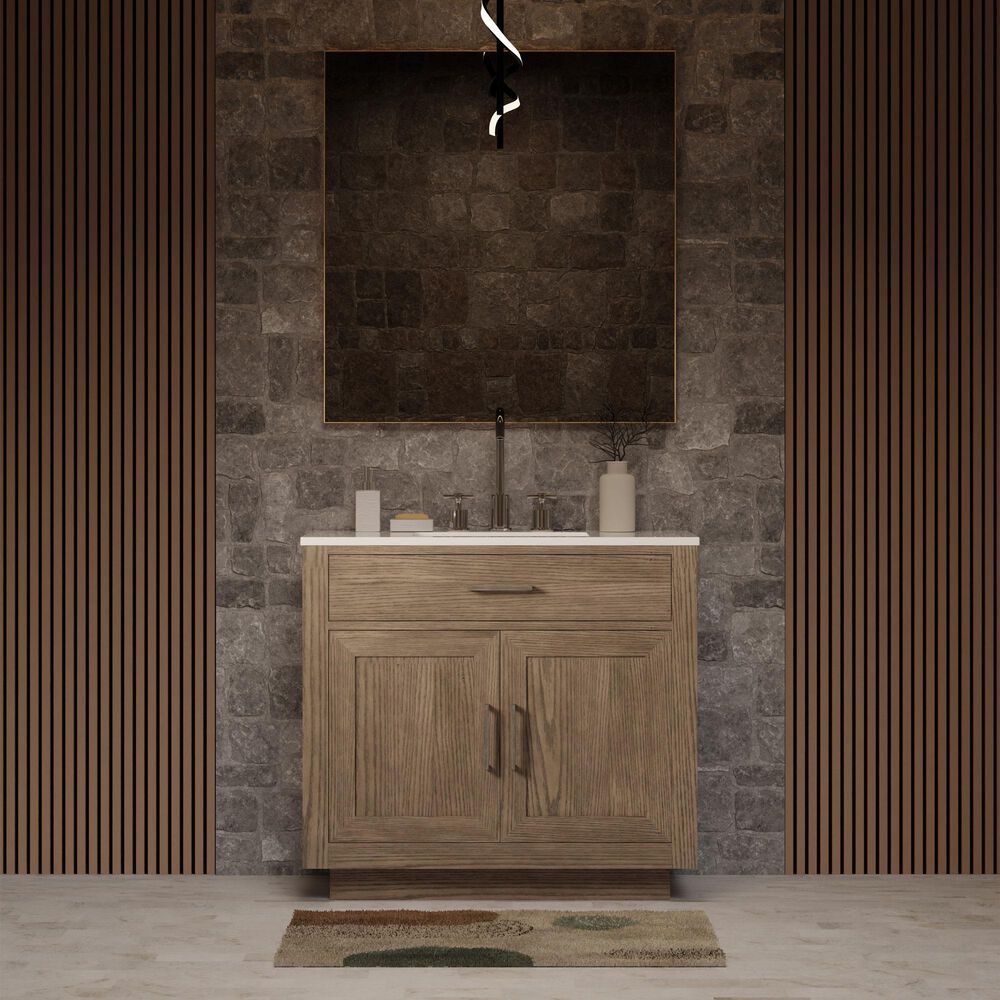 Lexora Home Abbey 36&quot; Single Bathroom Vanity in Grey Oak with 2 cm White Quartz Top and Rectangular Sink, , large