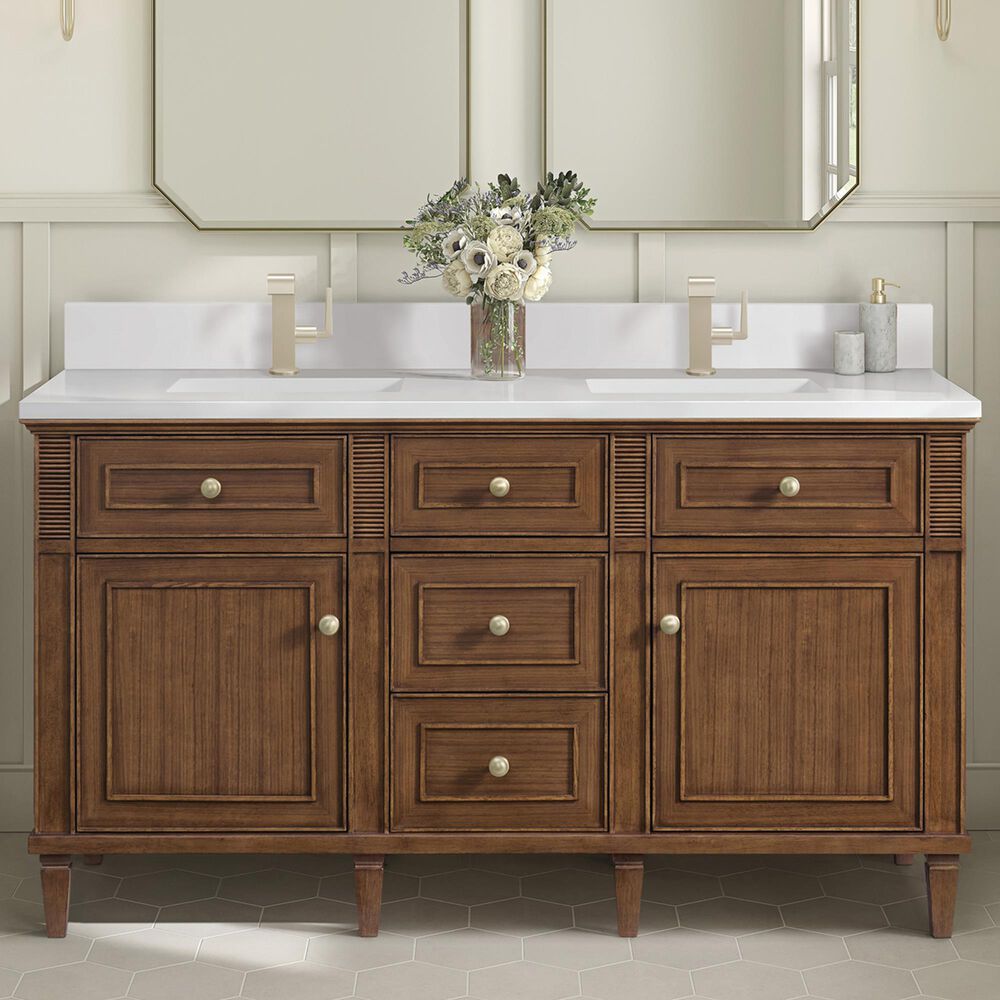 James Martin Vanities Lorelai 60&quot; Double Vanity in Mid-Century Walnut with Single Hole 3 Cm White Zeus Quartz Top &amp; Backsplash, , large