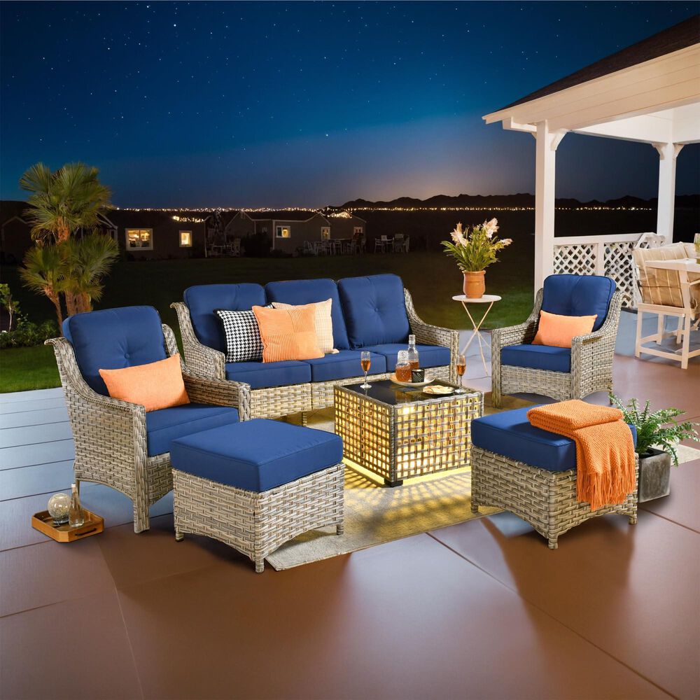 HOMLUX 5-Piece Patio Conversation Set with Two Ottomans in Navy Blue, , large