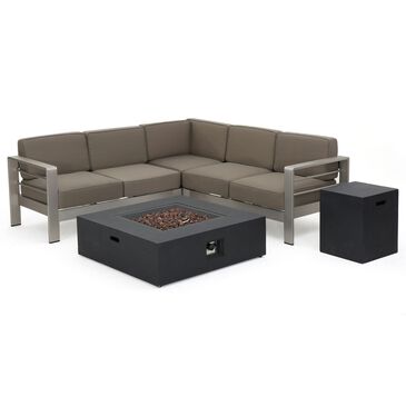 Noble House Cape 5-Piece Square Fire Table Sofa Set in Silver and Dark Grey, , large