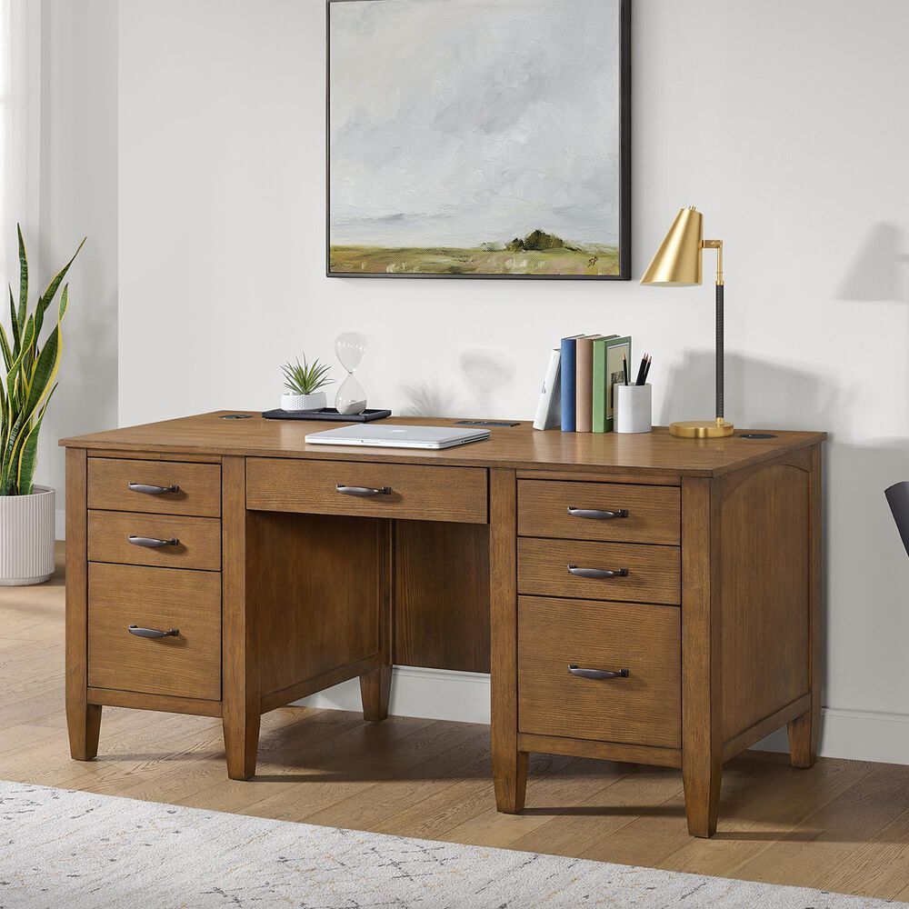 Mayberry Hill Portico Double Pedestal Executive Desk in Brown Oak, , large
