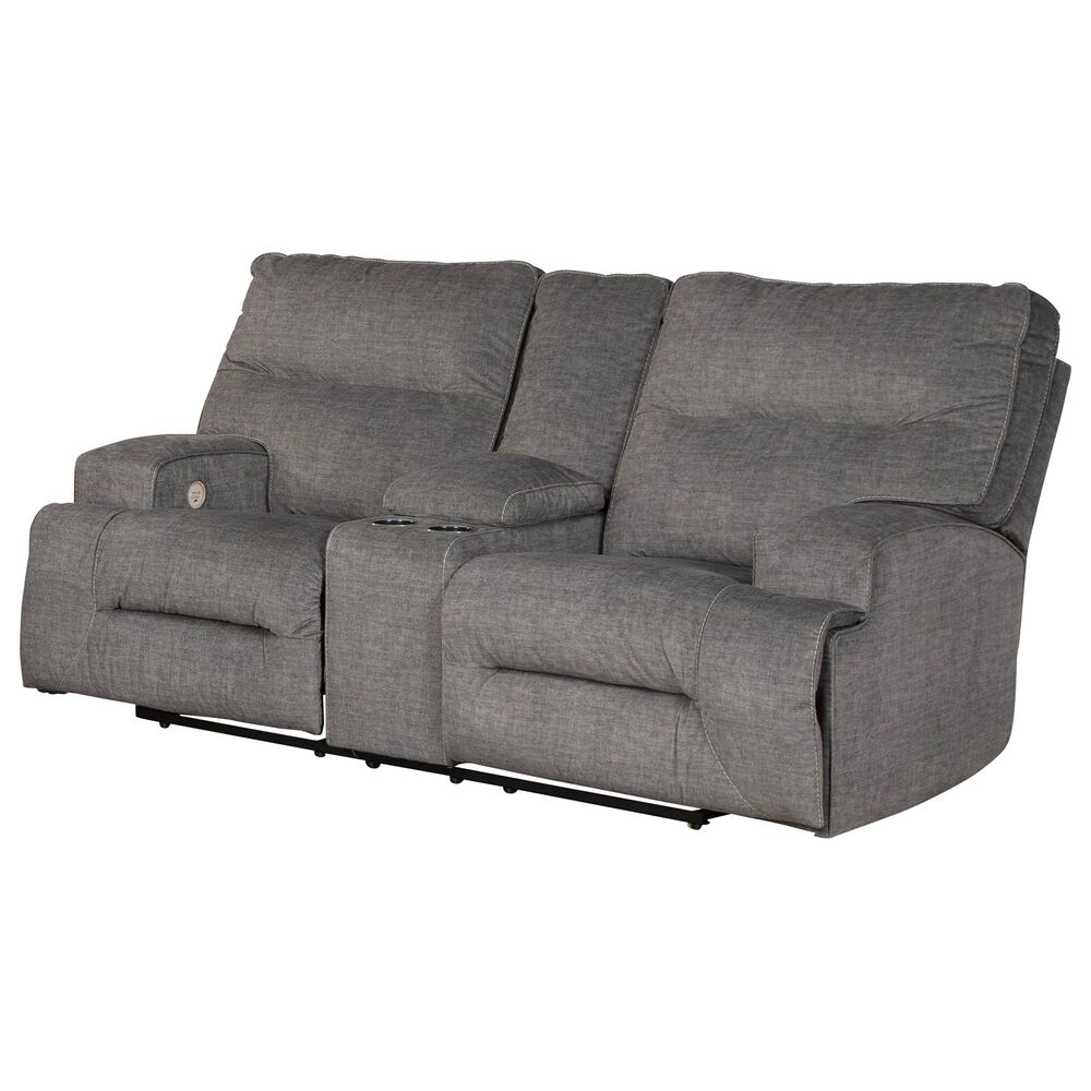 Benchcraft Coombs Double Power Reclining Loveseat with Console in Charcoal, , large