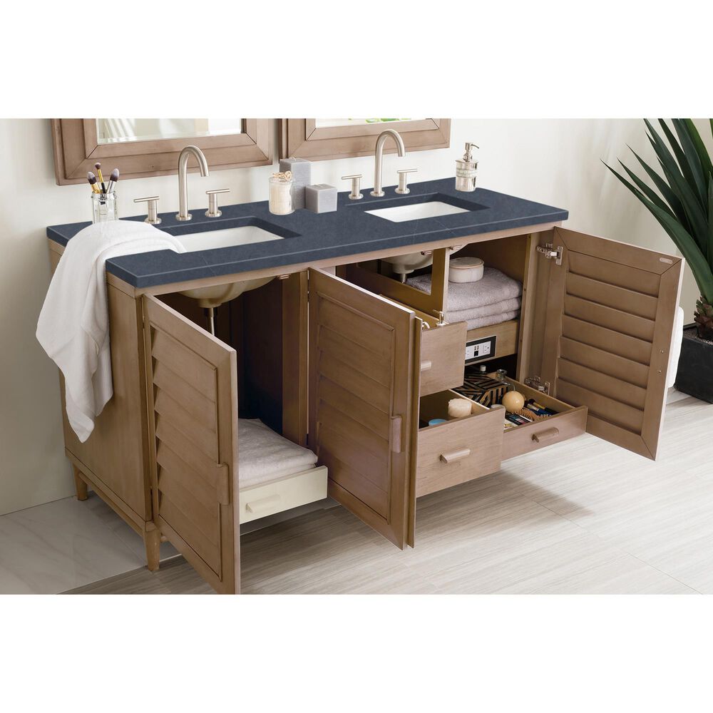 James Martin Vanities Portland 60&quot; Double Bathroom Vanity in Whitewashed Walnut with 3 cm Charcoal Soapstone Quartz Top and Rectangular Sinks, , large
