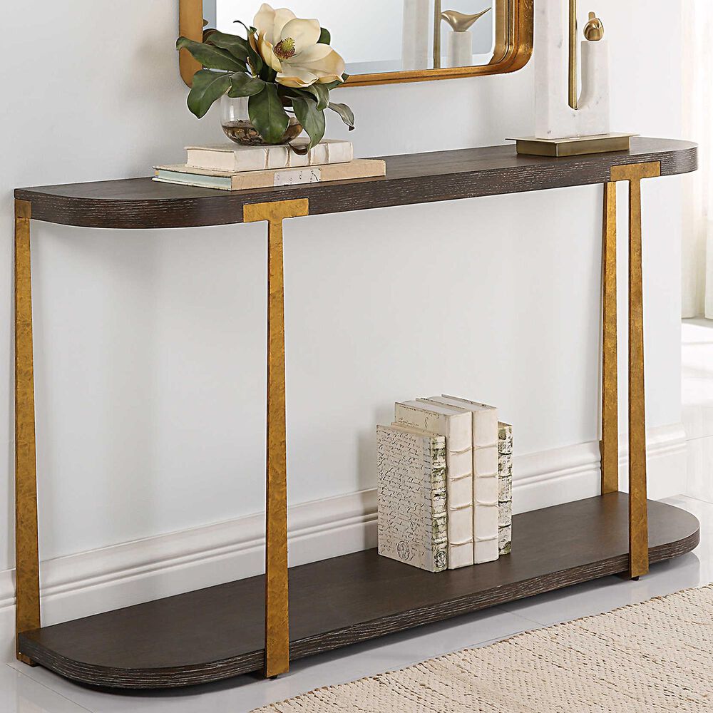 Uttermost Palisade Console Table in Coffee Oak and Antique Gold, , large