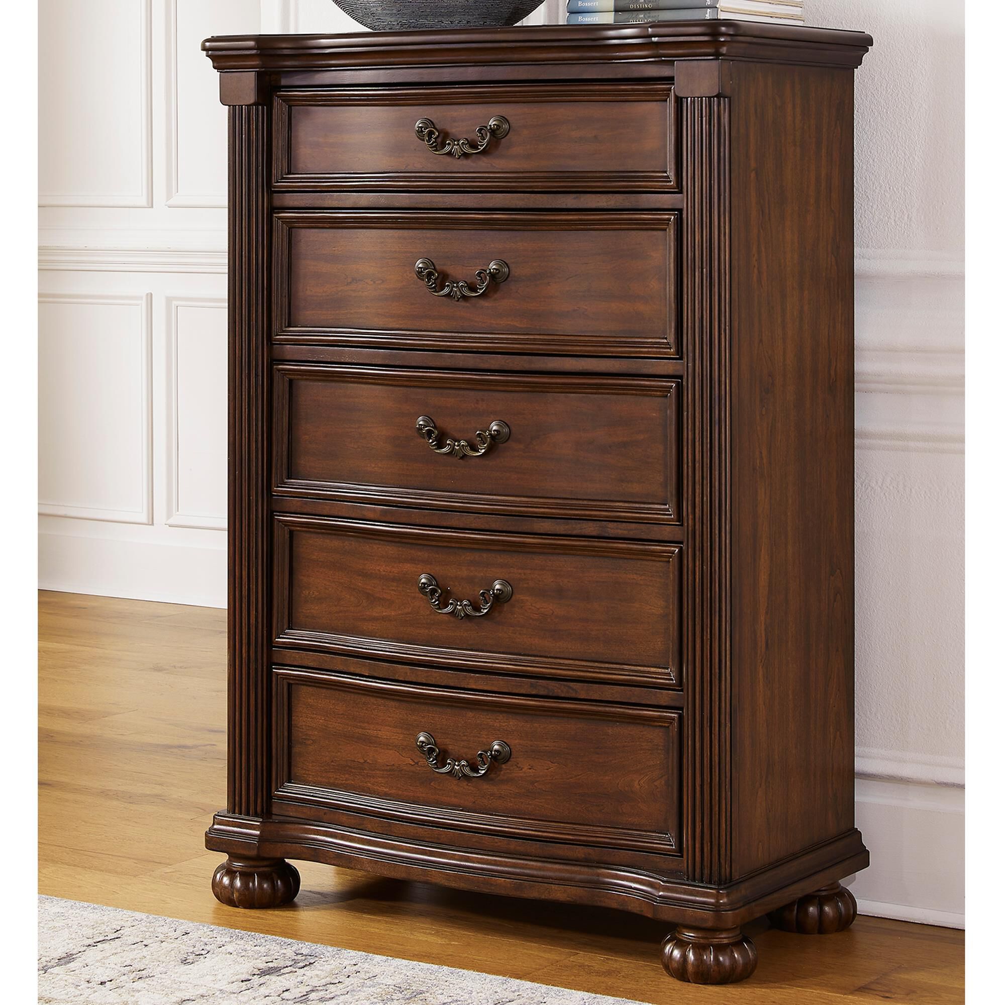 Ashley Lavinton 5-Drawer Chest in Cherry Brown