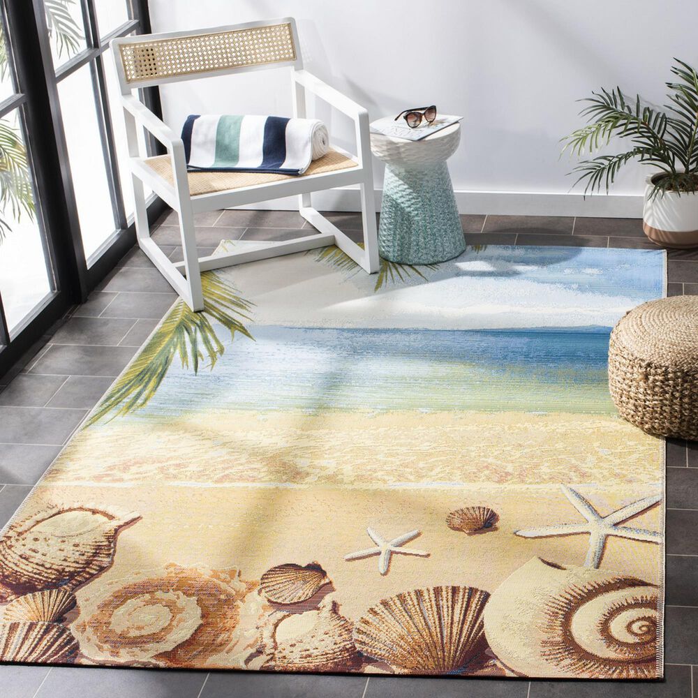 Safavieh Barbados Tropical Beach Seashell 3&#39;3&quot; x 5&#39; Gold and Blue Indoor/Outdoor Area Rug, , large