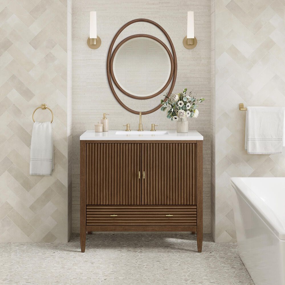 James Martin Vanities Myrrin 36&quot; Vanity in Mid Century Walnut with 3 cm White Zeus Quartz Top, , large