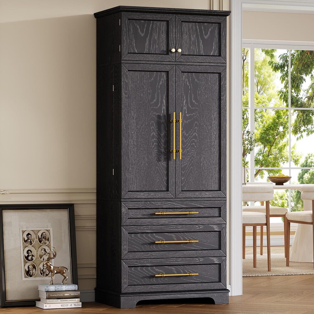 HOMLUX 78.2" Tall Farmhouse Kitchen Pantry Cabinet with 8 Door Shelves, Storage Cabinet with 3 Adjustable Shelves, 3 Large Drawers, Versatile Cupboard for Kitchen, Dining &amp; Bathroom, Ash Black, , large