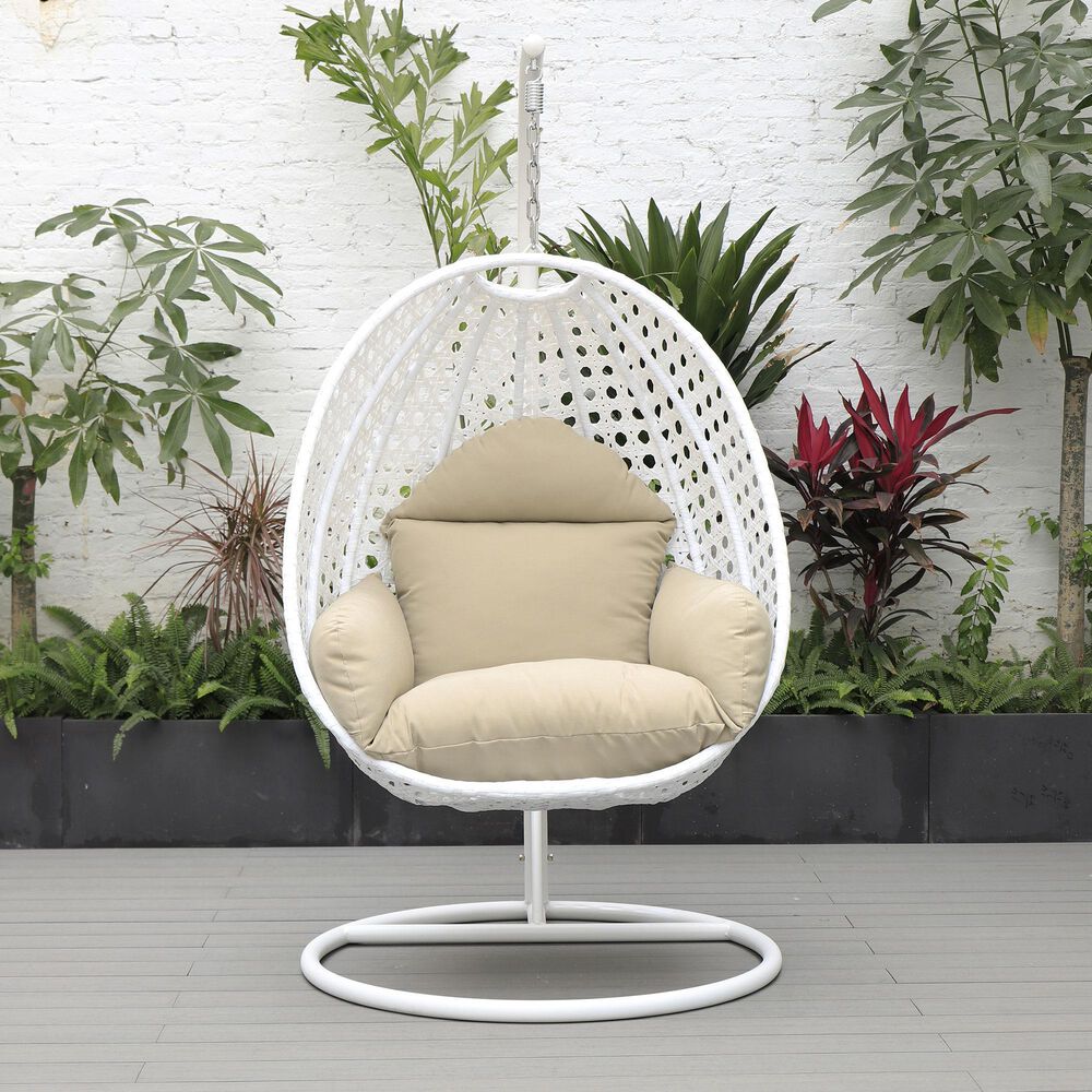 Leisuremod Patio Hanging Egg Swing Chair with Taupe Cushion in White, , large