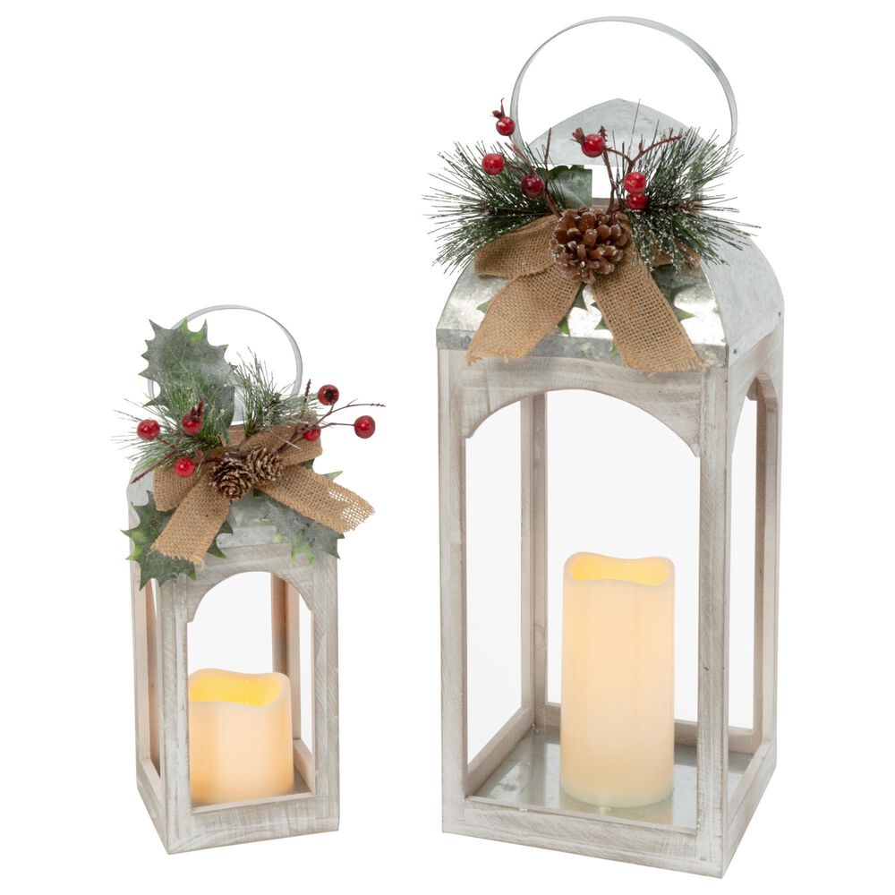 The Gerson Company 2-Piece Holiday Lantern Set with LED Candle and Floral Accent in White, , large