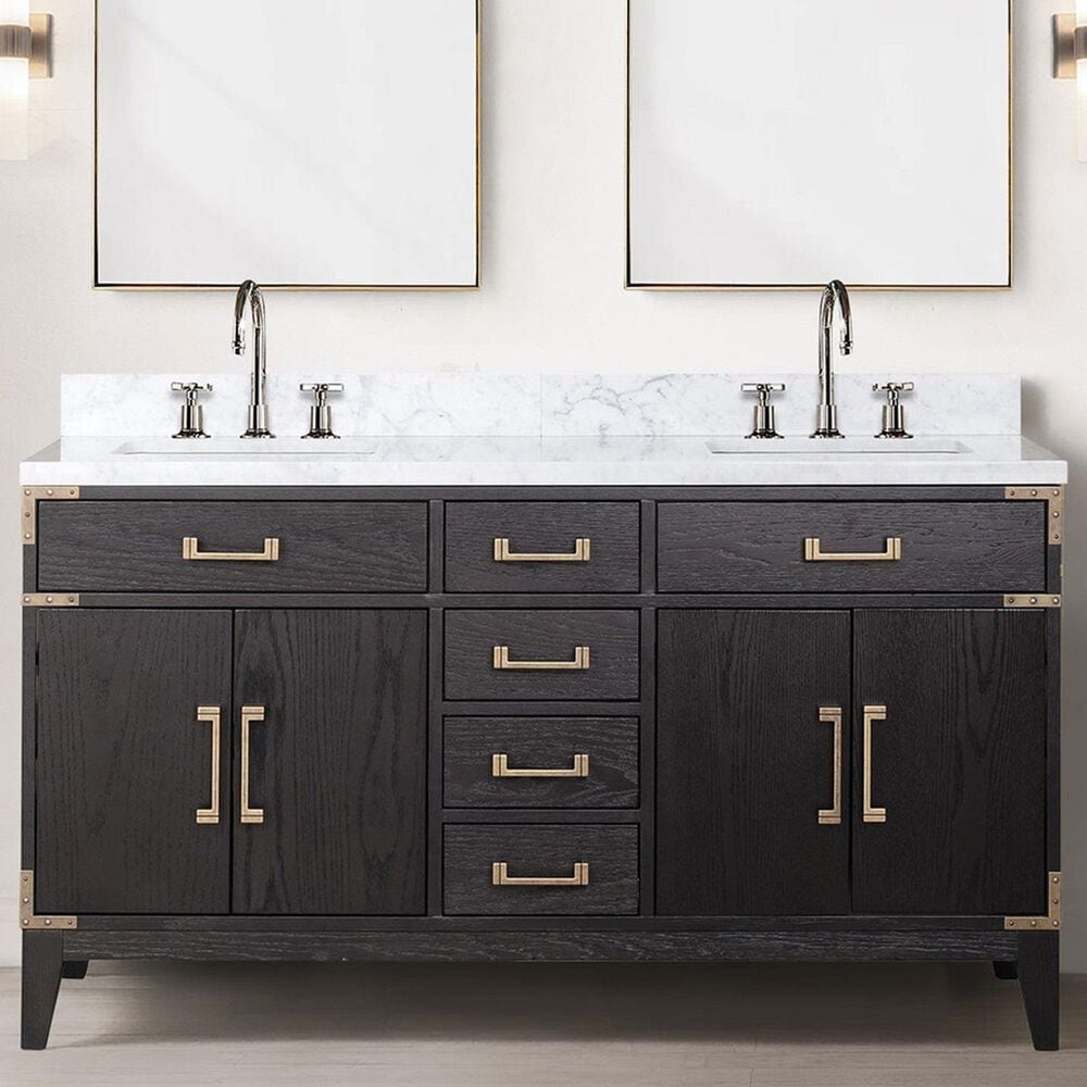 Lexora Home Laurel 60&quot; Double Bathroom Vanity in Black Oak with White Carrara Marble Top and Rectangular Sinks, , large