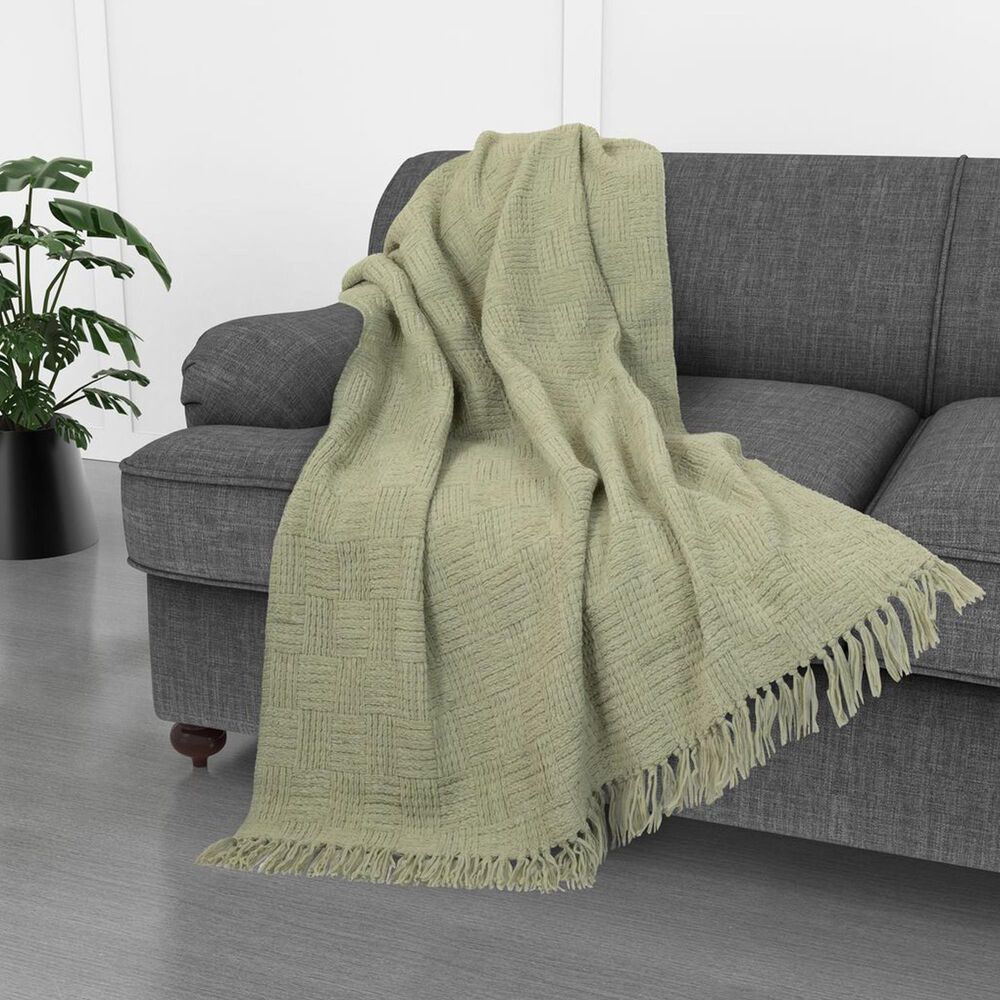Trade Linker 50" x 70" Chenille Polyester Fringed Basket Throw in Sage, , large