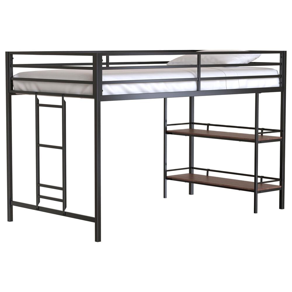 Hearth and Haven Adam Twin Loft Bunk Bed with Cinnamon Wood Shelf in Black, , large