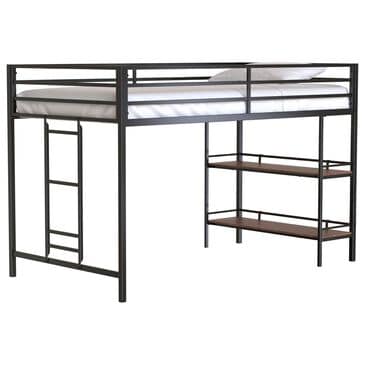 Hearth and Haven Adam Twin Loft Bunk Bed with Cinnamon Wood Shelf in Black, , large