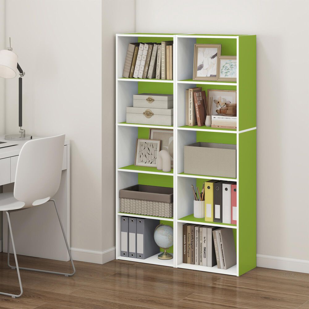 HOMLUX 5-Tier Reversible Bookshelf with Decorative Open Shelves in White and Green, , large