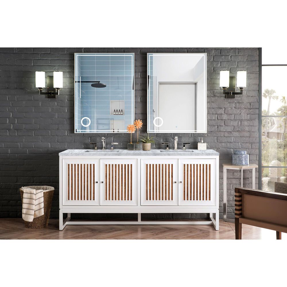 James Martin Vanities Athens 72&quot; Double Bathroom Vanity in Glossy White with 3 cm Carrara White Marble Top and Rectangular Sinks, , large