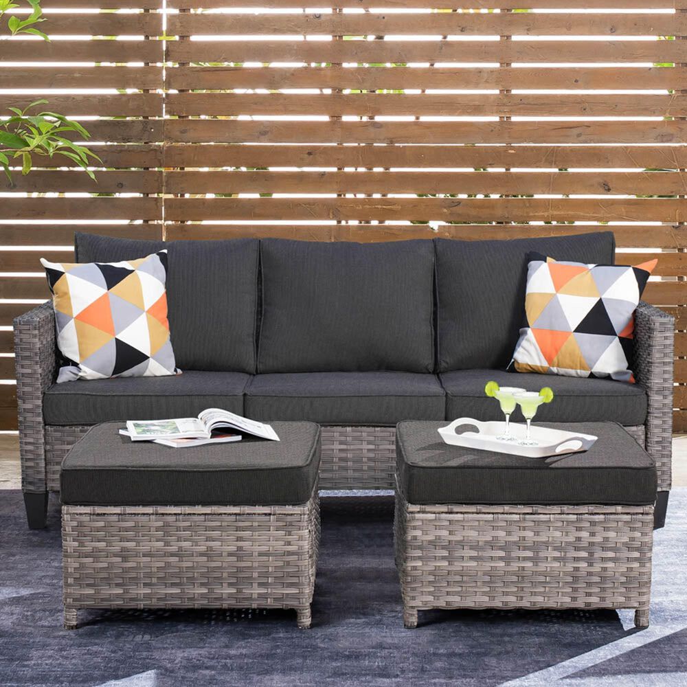 HOMLUX 3-Piece 77" Patio Sofa and Ottoman Set in Black, , large