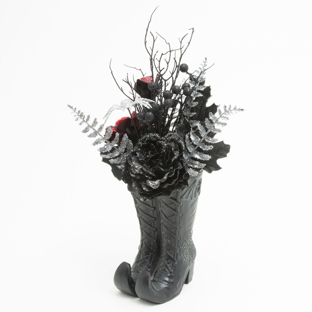 The Gerson Company 22"H Resin Halloween Witch Boots with Floral Arrangement in Black, , large