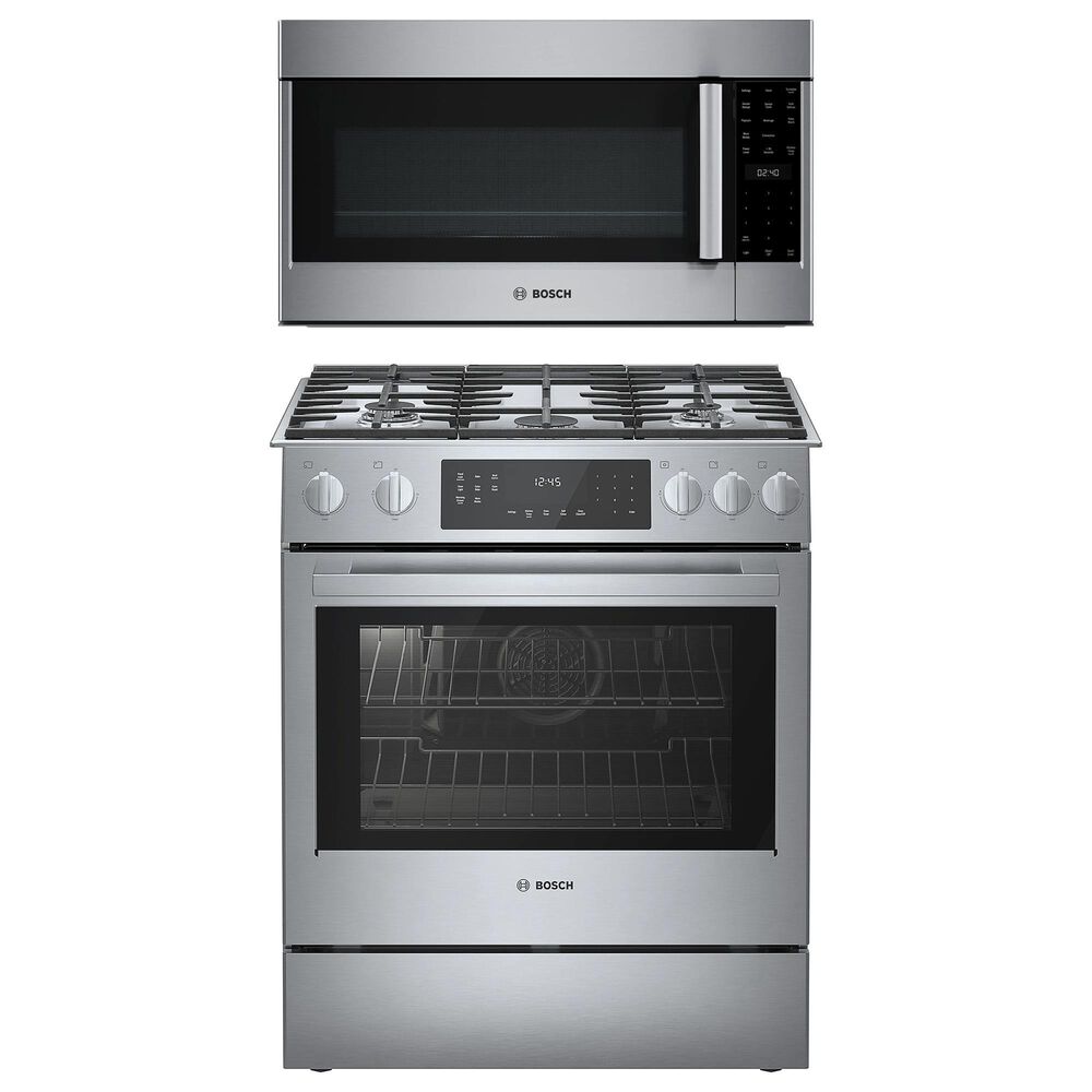 Bosch 800 Series 2-Piece Kitchen Package with 4.8 Cu. Ft. Gas Slide-in Range and 1.9 Cu. Ft. Over-The-Range Microwave in Stainless Steel, , large