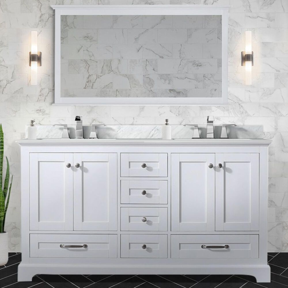 Lexora Home Dukes 60&quot; Double Bathroom Vanity in White with 2 cm White Carrara Marble Top and Rectangular Sinks, , large