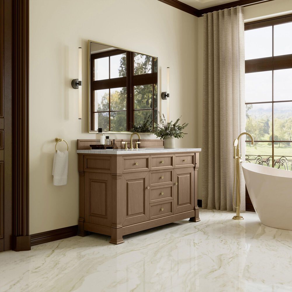 James Martin Vanities Brookfield 60&quot; Single Bathroom Vanity in Pecan with 3 cm Arctic Fall Solid Surface Top and Rectangular Sink, , large