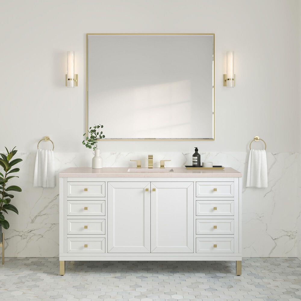 James Martin Vanities Chicago 60&quot; Single Bathroom Vanity in Glossy White with 3 cm Eternal Marfil Quartz Top and Rectangular Sink, , large