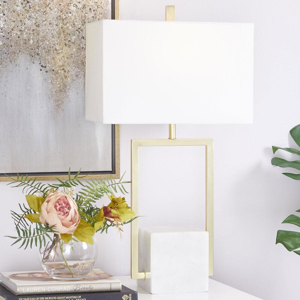 Maple and Jade 27&quot; Metal and Marble Geometric Table Lamp with Linen Shade in Gold, White and Gray, , large