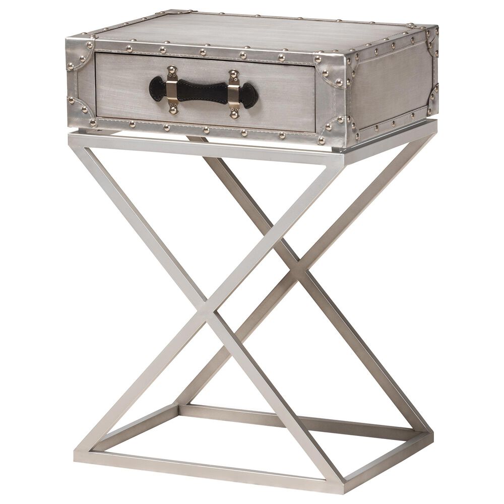 Baxton Studio William 1 Drawer Nightstand in Silver/Silver/Black, , large
