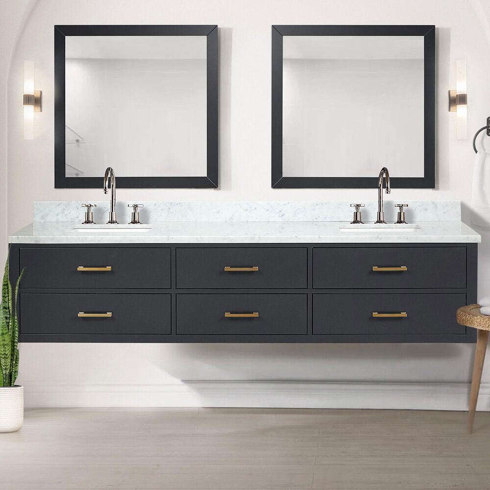 Lexora Home Castor 84&quot; Double Bathroom Vanity in Blue with 2 cm White Carrara Marble Top and Rectangular Sinks, , large